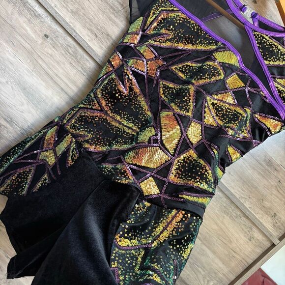 A Wish Come True 24203X Dance Costume Black Velvet Purple Gold Sequins Jazz Acro - Picture 5 of 10
